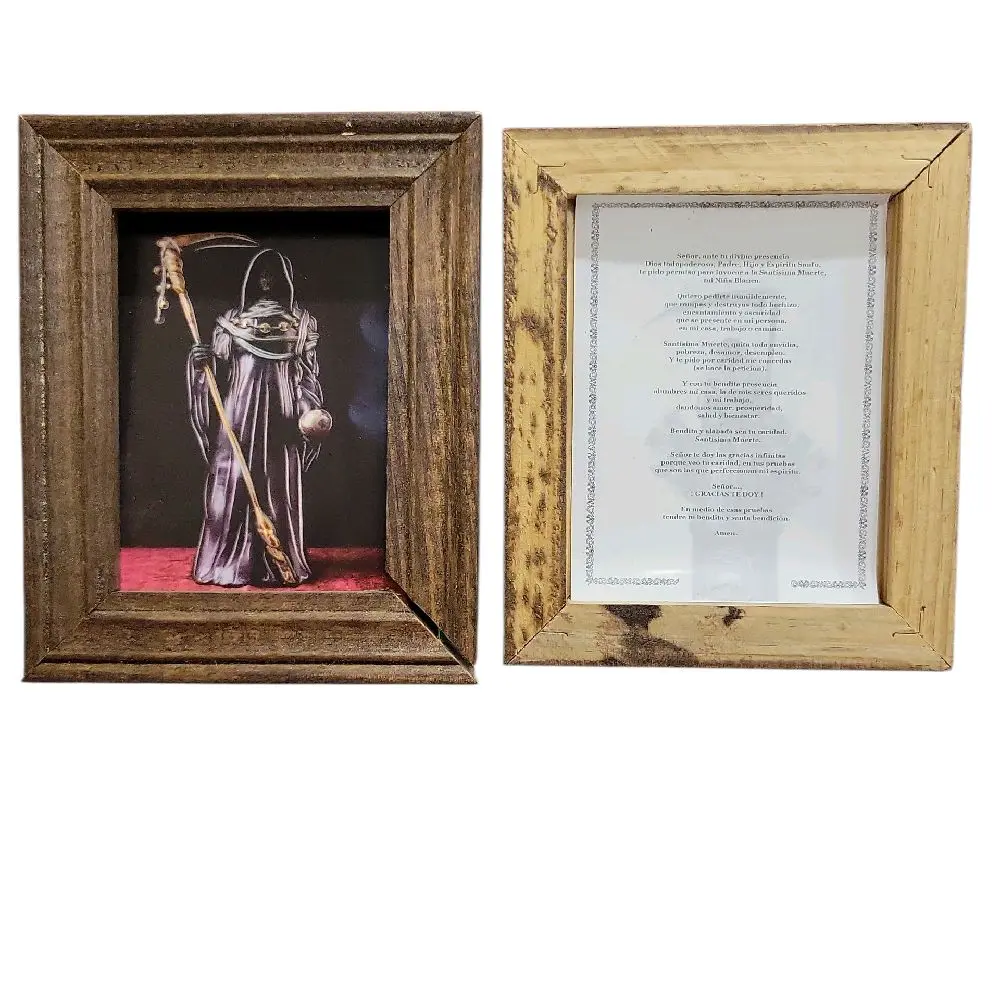 Santa Muerte-Holy Death Prayer Card- Oracion In Wooden Frame 5x4 Inches