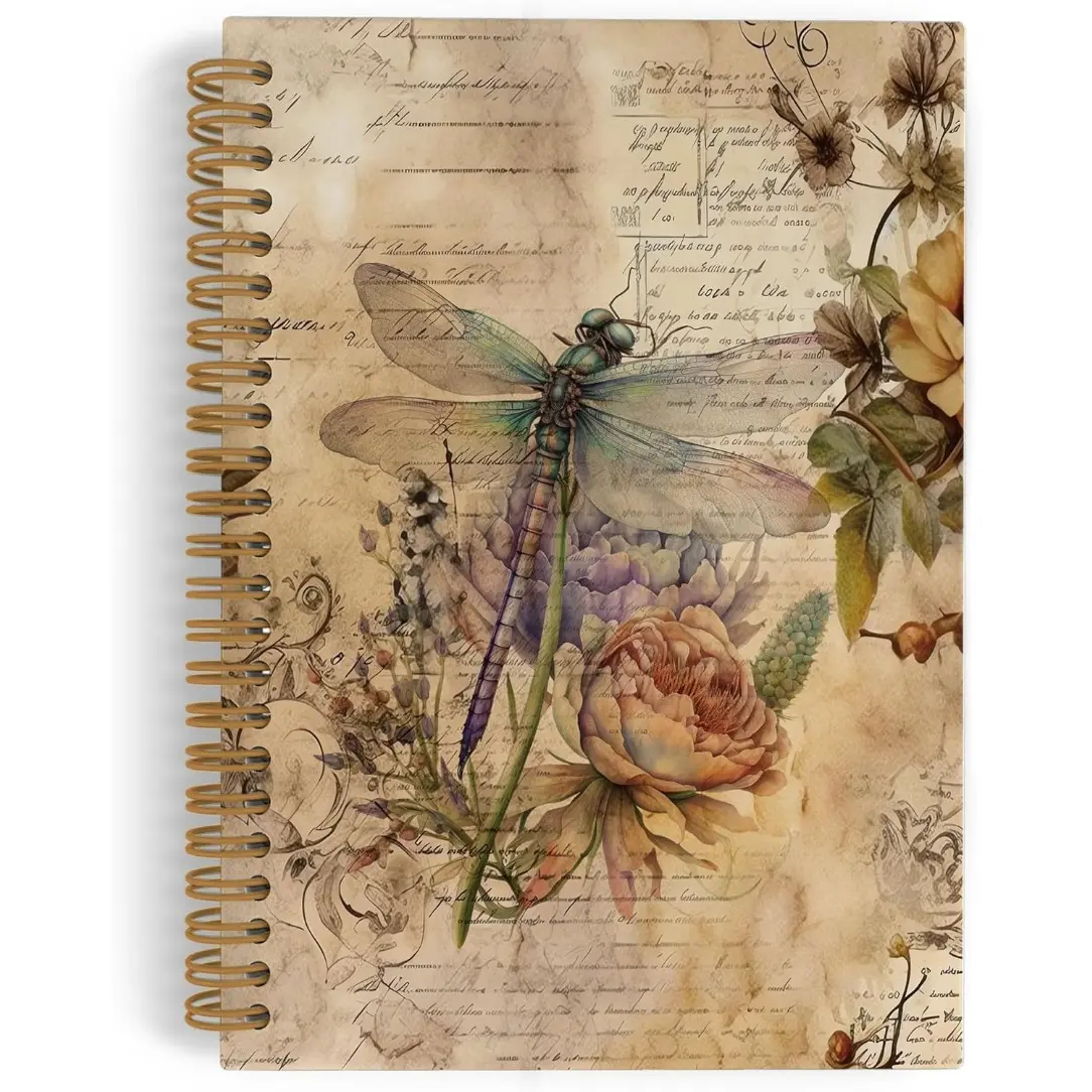 1 pc 5.5*8.3in with 50 pages Dragonfly Spiral Notebook, Dragonfly Gifts, Dragon Fly Journal Notebook, Vintage Dragonfly Notebooks for School Work, Dragonfly Floral Office Supplies Gifts for Women Men, Aesthetic Notebook