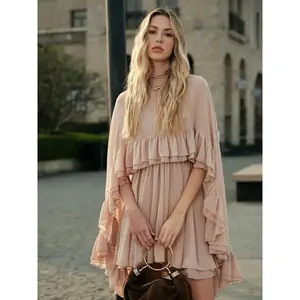 Semi-Sheer Chiffon Ruffle Dress With Outer Cape