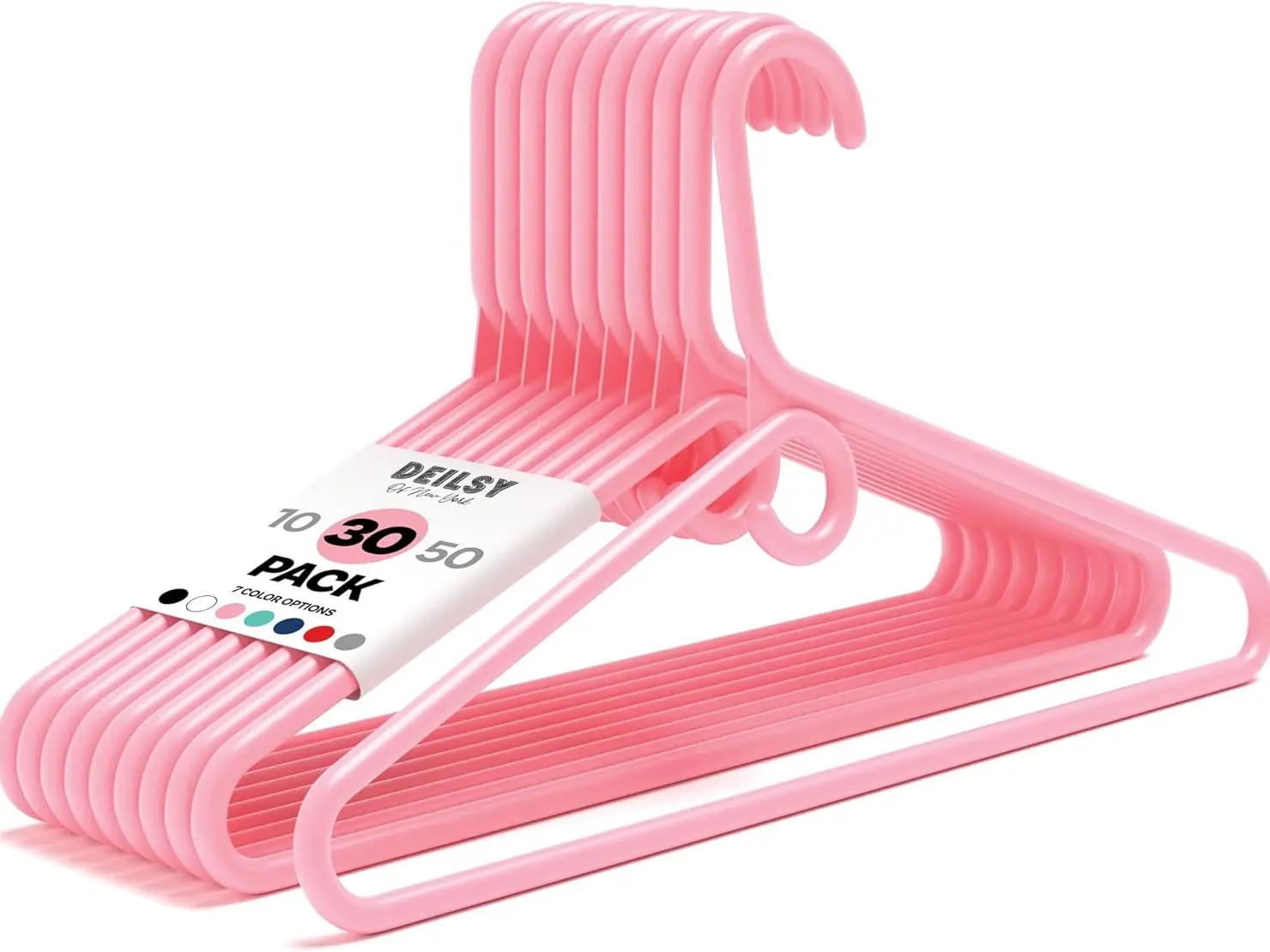 DEILSY Pink Heavy Duty Hangers with Hooks for Scarves & Belts – Thick and Strong Clothes Hangers for Shirts, Jackets, Pants, and Dresses – Space-Saving Plastic Hangers – Pack of 30