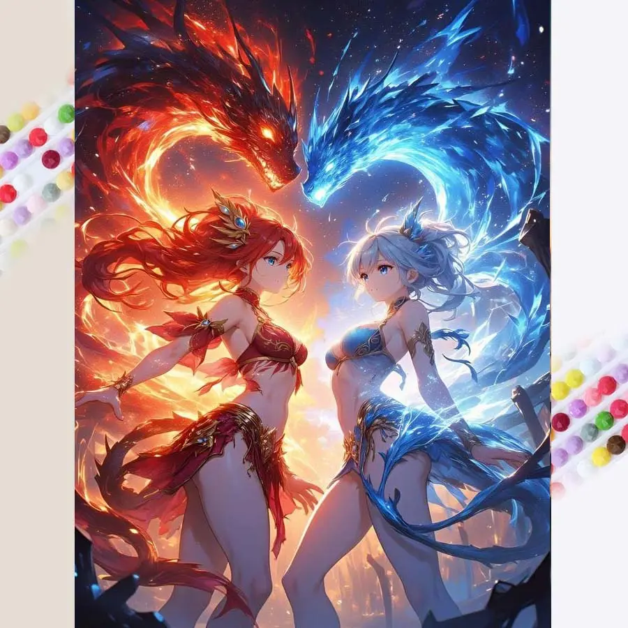 1 set of DIY diamond painting kit, 5D diamond art kit, DIY decoration Anime Flame Dragon, Frost Dragon, Beauty. Diamond painting kit with full round drills, mosaic, diamond art, DIY art home decoration, suitable for Christmas, Handicraft.