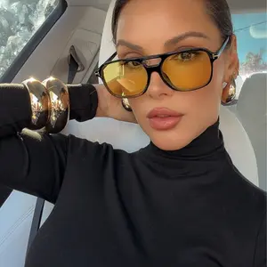 Sunglasses Women's XXL Oversized Baby Doll Flat Square Aviator Frame PC Lens Full UV Protection ISO Certified Fashion Glasses with Yellow Lenses