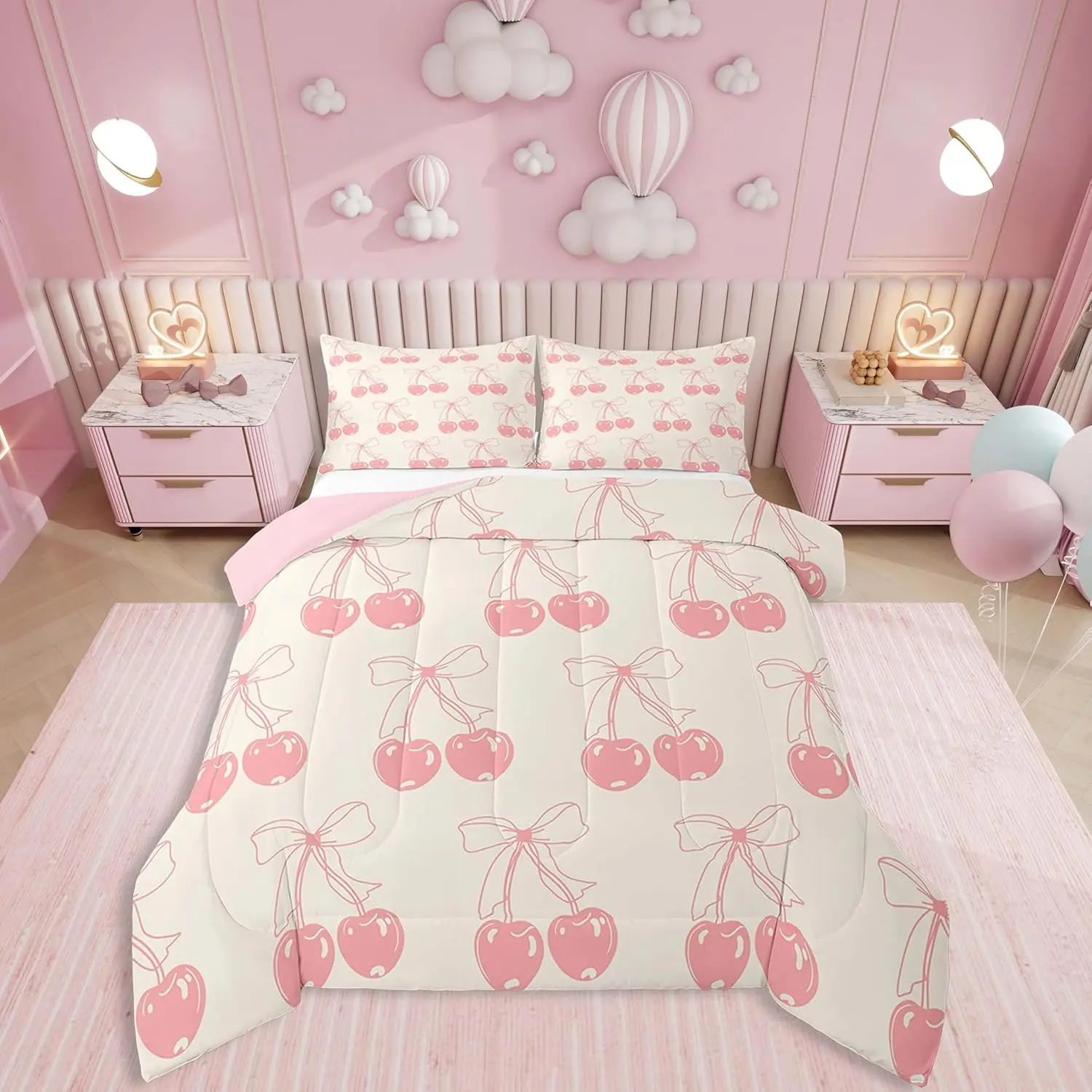 Feelyou Coquette Pink Bow Bedding Set - Cute Blanket, Pink Cherry Comforter with Sketch Aesthetic Bowknot, Multi-Size, Travel-Friendly, Guest Room Duvet Set
