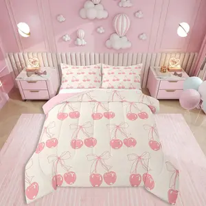 Coquette Pink Bow Bedding,Pink Cherry Comforter Set,Sketch Aesthetic Bowknot Down Comforter