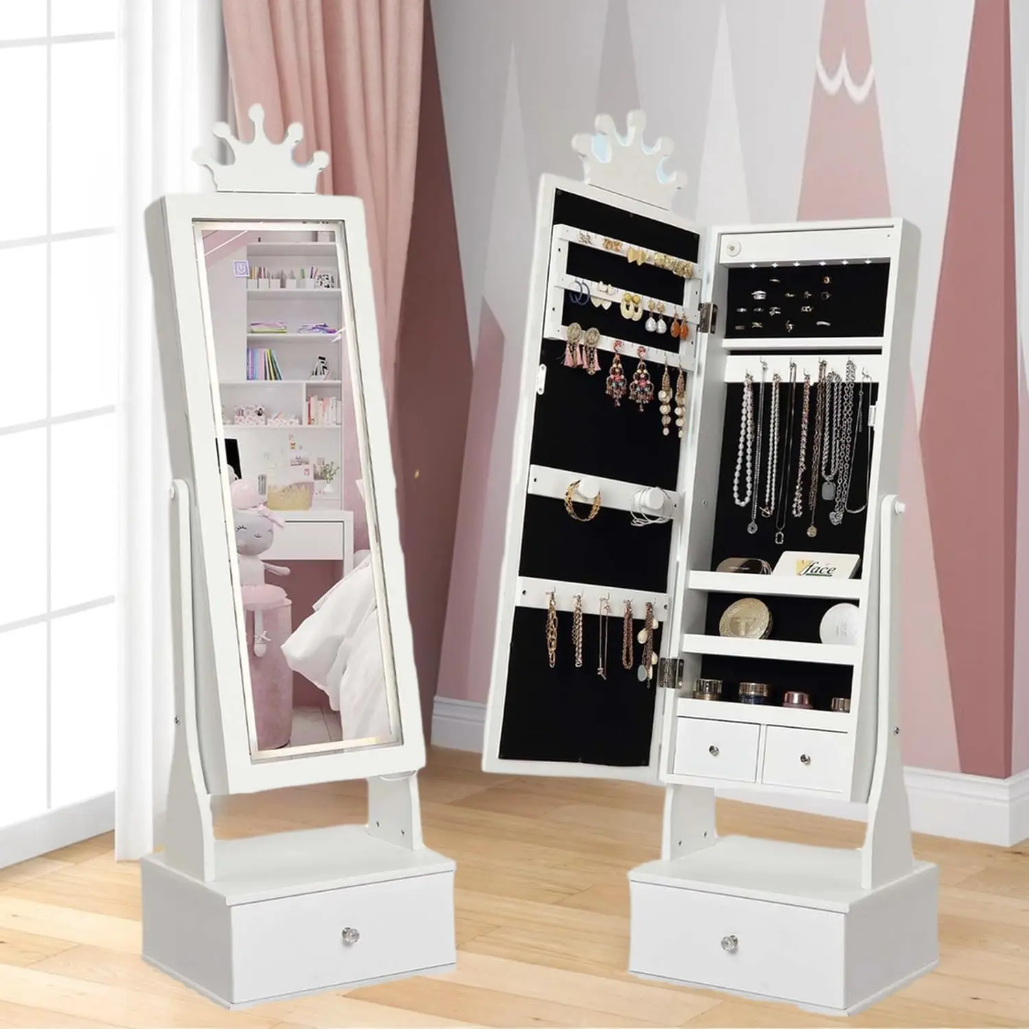 Gaomon 46-in Freestanding Jewelry Cabinet with Adjustable LED Light Band, Lighted Full-Length Mirror, Magnetic Storage, Drawers, Vanity Organizer, Ring & Earring Holders, Wall-Mountable Home Decor Gift (White), Standing Mirror