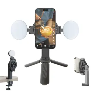 Magnetic Phone Holder with Fill Light for Selfies Video Recording Live Streaming, Multifunctional Clamp Clip Phone Mount for Desk, Compatible with iPhone 12-17 Series & Android Phones, Travel Essentials