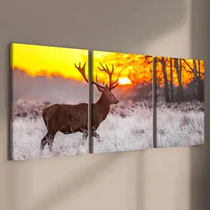Wooden Framed Canvas Painting, 3 Counts/set Modern Art Design Deer Pattern Wall Art Wall Decor for Home Living Room Bedroom Office Indoor Decoration