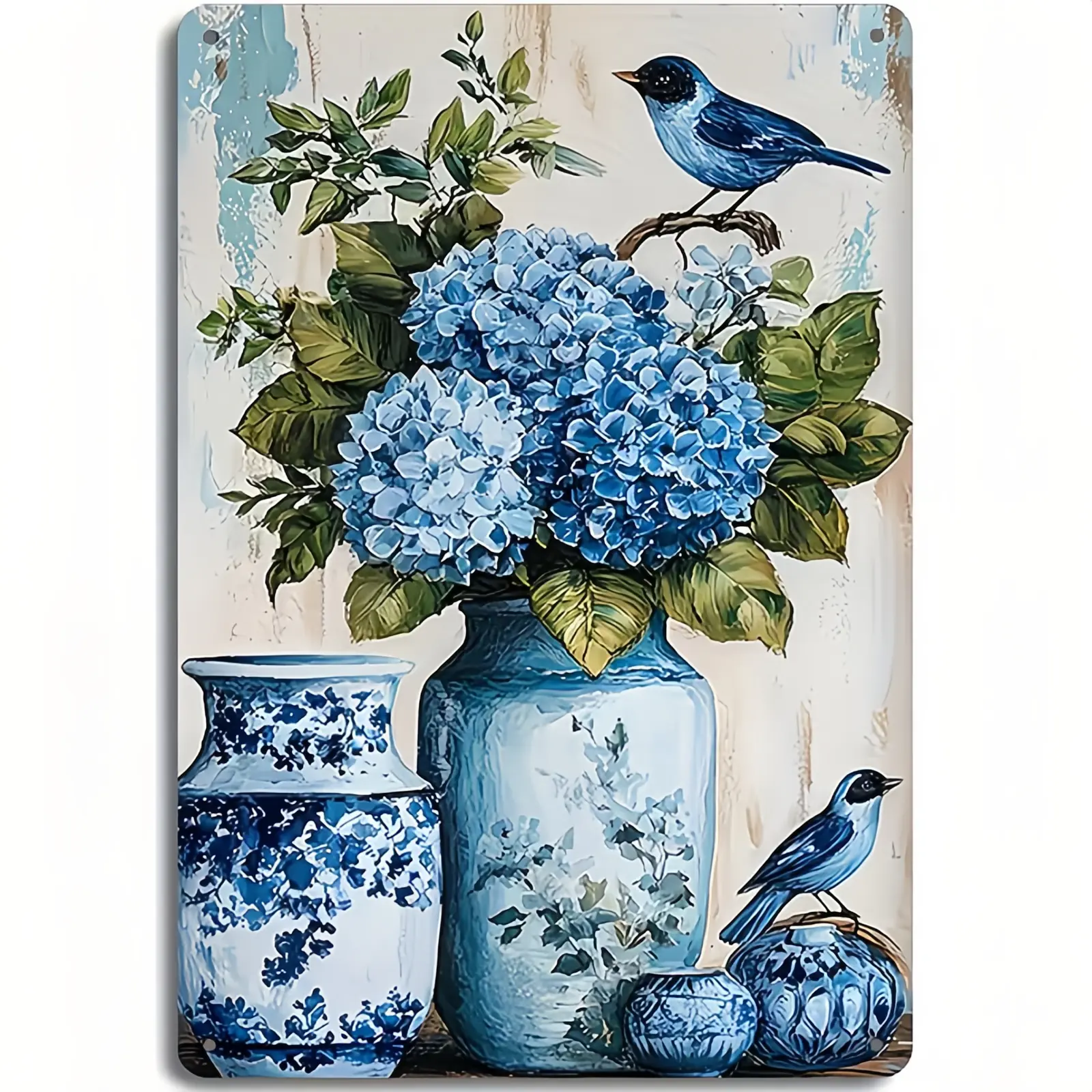 8x12 in Waterproof Hanging Metal Tin Sign - Vintage Blue Hydrangea Chinoiserie Vase Blue Bird Artwork, Distressed White Wash Shabby Chic Floral Ceramic Jar Oil Painting Wall Plaque, Farmhouse Cottage Core Home Decor Decoration