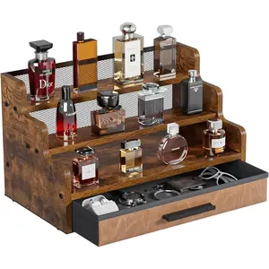 3 tier perfume organizer with drawerwooden cologne organizer for menretro perfume stand organizerdisplay riser shelf holder for skincare makeup organizersrustic brown