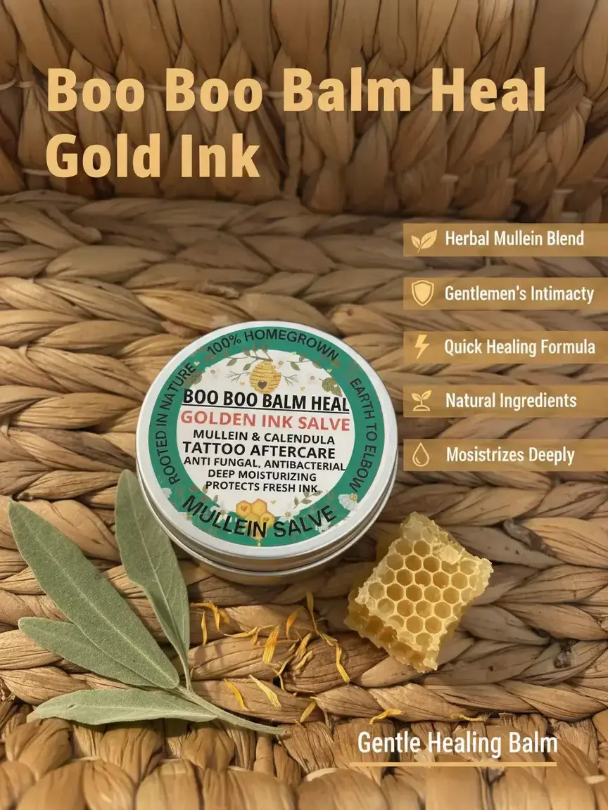 BOO BOO BALM HEAL Golden Ink Salve - All Adult Tattoo Aftercare Gel, Moisturizing Herbal Mullein & Calendula Salve with Antibacterial Benefits for Soothing, Fast Skin Repair, Deeply Nourishing, Treatment, Natural Relief, Fast Healing, Animal By Product Fr