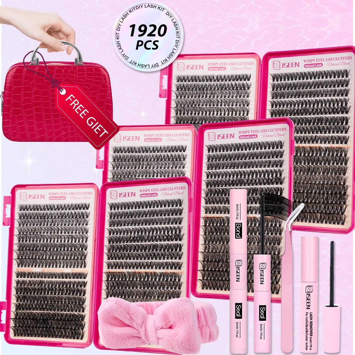 Nature Lash Extension Kit, Includes Lash Tools, Natural Eyelash Extensions, DIY Cluster Lashes Soft & Lightweight With Bond, Seal, Remove & Tweezers & Hair Band Easy DIY Salon Look at Home Long-Lasting Cosmetic for Beginners