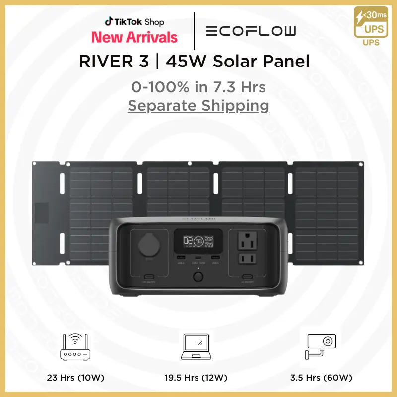 [Separate Shipping] RIVER 3, 230Wh, 300W Up to 600W, EF ECOFLOW Solar Generator Portable Power Station LiFePO4 Battery, Up to 600W AC Output, 1Hr Fas