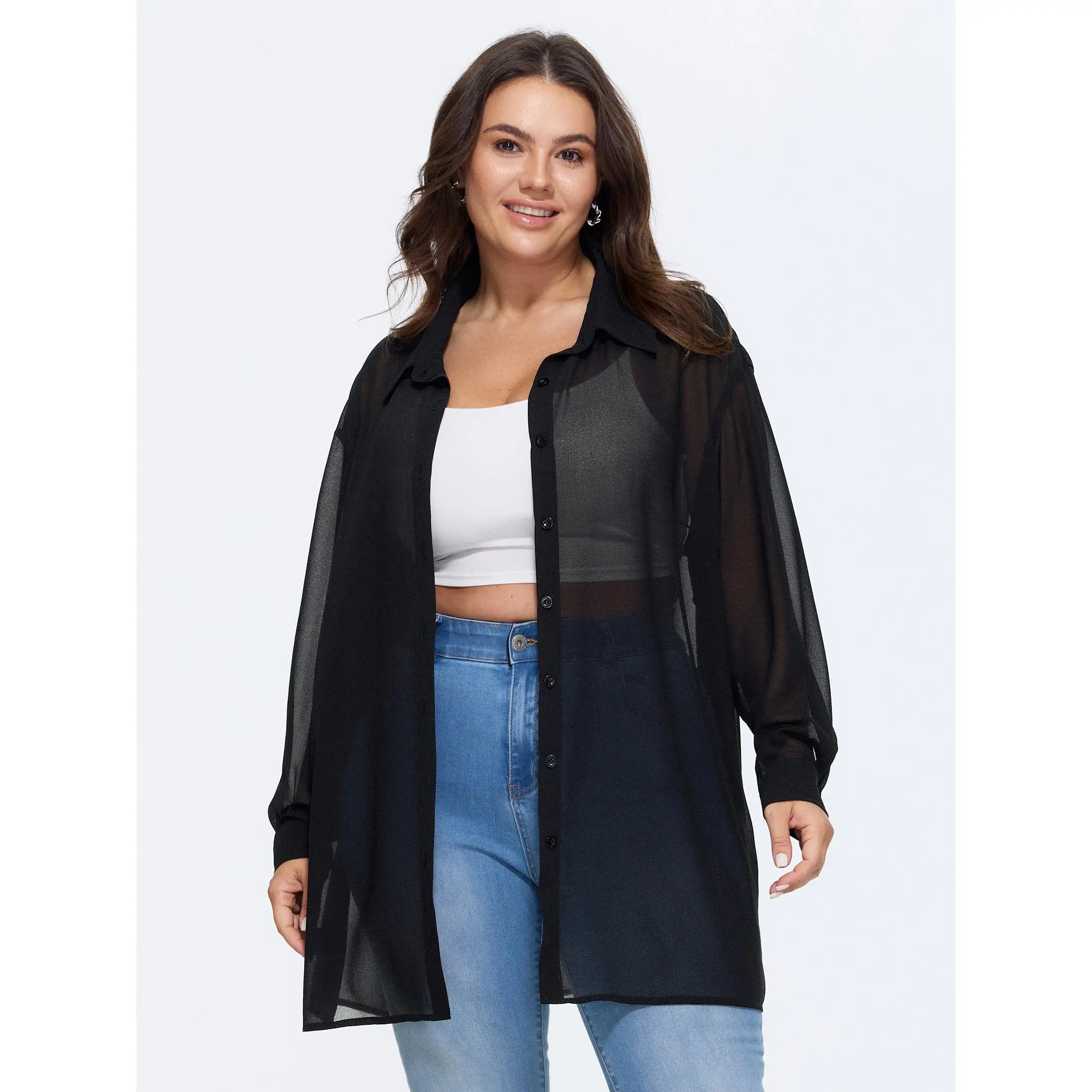BloomChic Women's Blouses, Casual Solid Button-Down Tunic Top with Long Sleeves and Smooth Fabric, Garment, Sleeve, Basic, Tops, Polyester, Fit, Shirts, Iron-Ready, Tunic Length, Button Front, 14-16/1X, 12/L, Minimalist, Longsleeves, Women's Tops