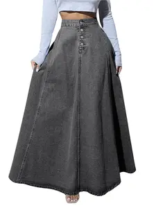 Ebossy Women's Retro High Waisted Button Fly Flared Long Jean Skirts Pleated Flowy Swing A-line Denim Maxi Skirts