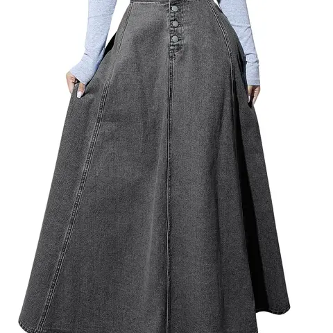 Ebossy Women's Retro High-Waisted Button-Fly Denim Maxi Skirt - Pleated, Flared A-Line, Flowy Swing - US 4-6, XS - for Wedding, Evening, Party Occasions