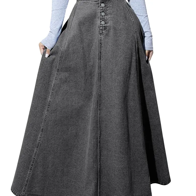 Ebossy Women's Retro High-Waisted Button-Fly Denim Maxi Skirt - Pleated, Flared A-Line, Flowy Swing - US 4-6, XS - for Wedding, Evening, Party Occasions
