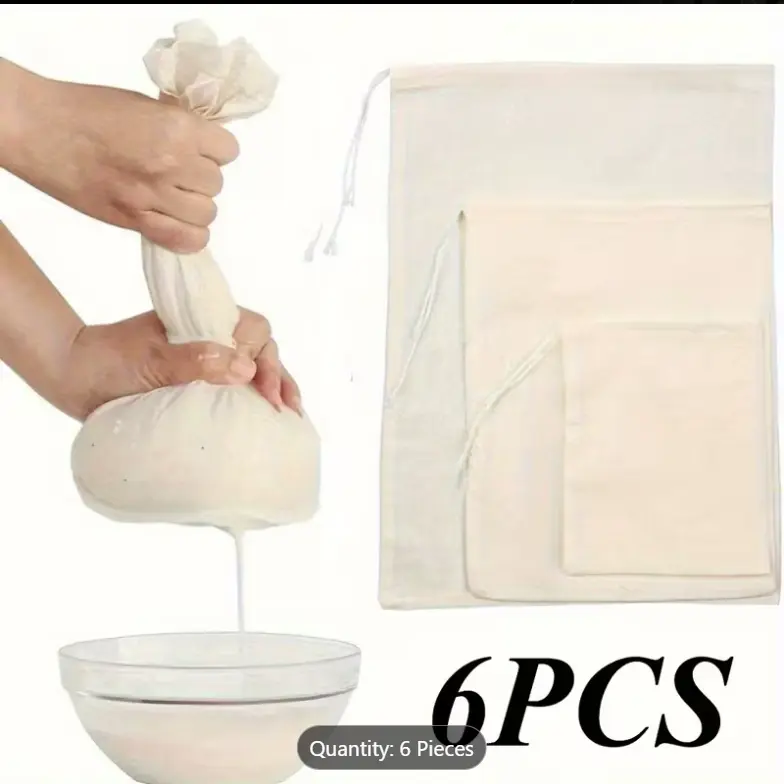 6 reusable gauze filter bags -3 sizes, kitchen essentials - used for filtering, cooking, baking, yogurt, juice, wine filtering, and cheese making - food safety fabric food filter bags with drawstring closure, kitchen essentials Strainer Tea