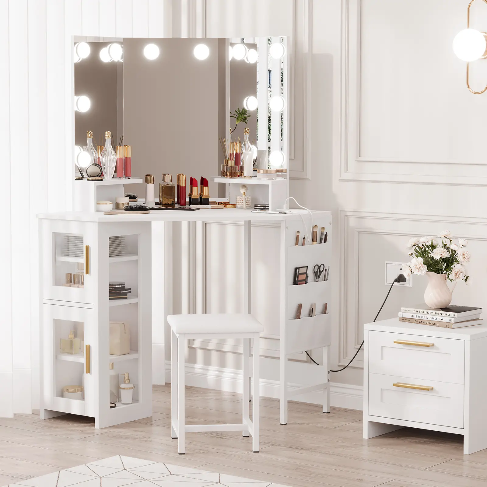 Garvee Corner Makeup Vanity Desk with LED Lighted Mirror – Charging Station, Stool, Acrylic-Door Cabinets, Hanging Storage Bag – Modern Bedroom Dressing Table, White or Brown