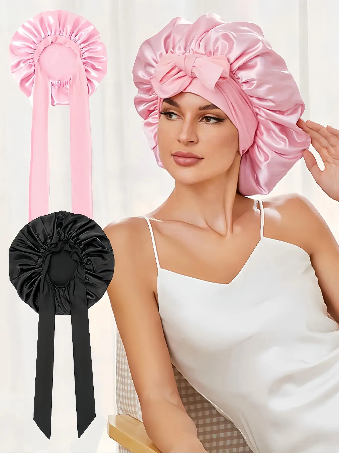 Solid Color Hair Bonnet, 2 Counts Satin Night Sleep Hair Cap for Women, Curly & Straight Hair Head Cover for Girls and Women, Heatless Styling Tools