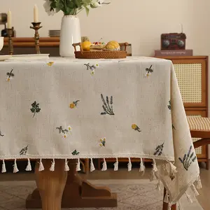 1pc Light Luxury Thick Linen Embroidered Wheat Ear Tablecloth - Country Style Linen Blend Rectangular Table Cover with Tassels, Machine Woven Square Table Linen for Dining and Tea Tables