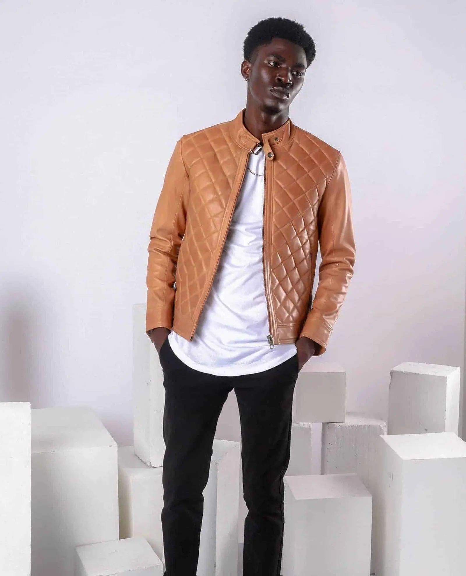 SINGLE MALT PEACH QUILTED LEATHER JACKET