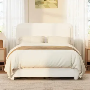 Full Size Bed Frame with Adjustable Height Headboard, Modern Full Platform Bed with Curved Cloud Headboard, Elegant Boucle Fabric Low Profile Platform Bed, No Box Spring Needed, Easy Assembly, White