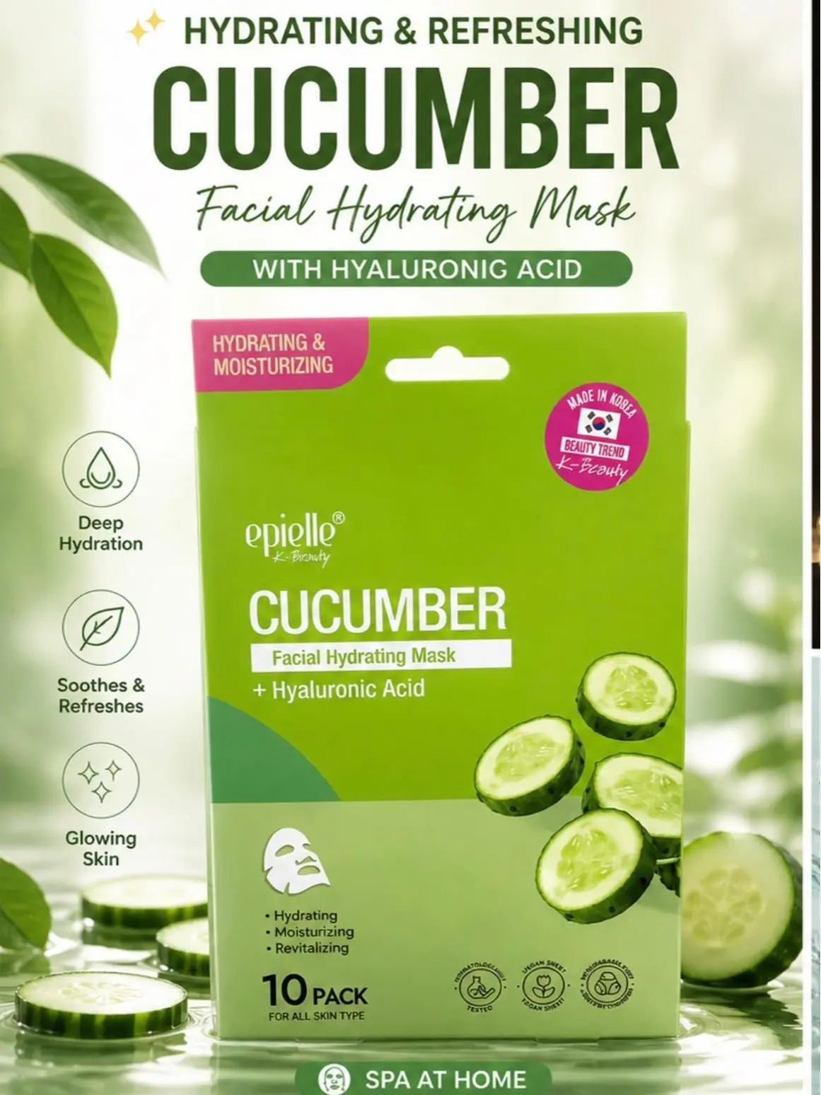 Cucumber Facial Hydrating Mask 10 Pack – Deep Moisturizing & Refreshing Skincare with Hyaluronic Acid