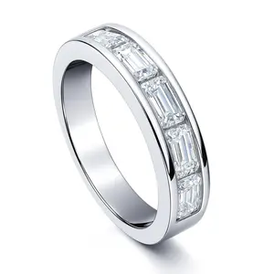 BERRICLE Sterling Silver 5-Stone Rings Stackable Half Eternity Band Ring for Women Men Unisex, Channel Set Emerald Cut Cubic Zirconia CZ