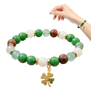 Lucky Money Attraction Bracelet with Green Aventurine & Agate Beads, Lucky Clover Beaded Bracelet, Wealth & Protection Crystal Bracelet, Fashion Stretch Beaded Jewelry, Gift for Women