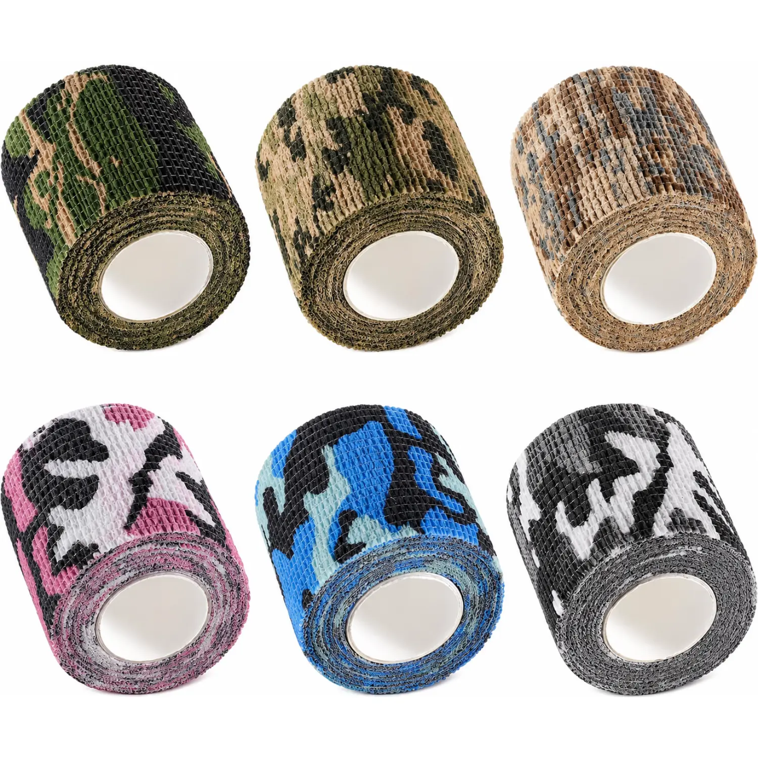 6 Rolls Camo Self-Adhesive Cohesive Wrap, 2 in x 5 yd Non-Woven Elastic Athletic Tape for Sports Grip Wrapping