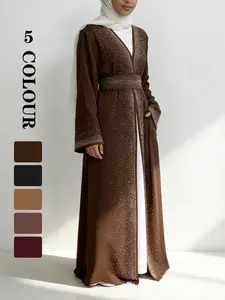 Muslim EID Dress Women Diamond Decorated Abaya, Waist Cinched Lightweight Belt, Luxurious Sparkling Style, Casual Elegant, Perfect Gift