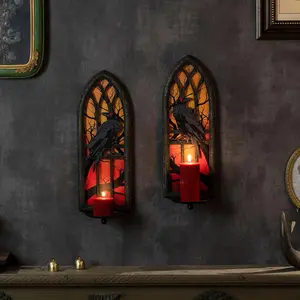 Gothic Wall Candle Sconces Set of 2, Wrought Iron Crow Wall Mounted Candelabra Holder with Removable Trays for Taper & Pillar Candles, Medieval Cathedral Window Design, Dark Academia Decor