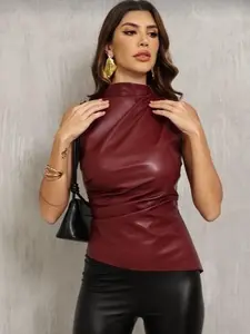 Sexy Faux Leather Material Ruched High Neck Blouse Top Womenswear Comfort Party
