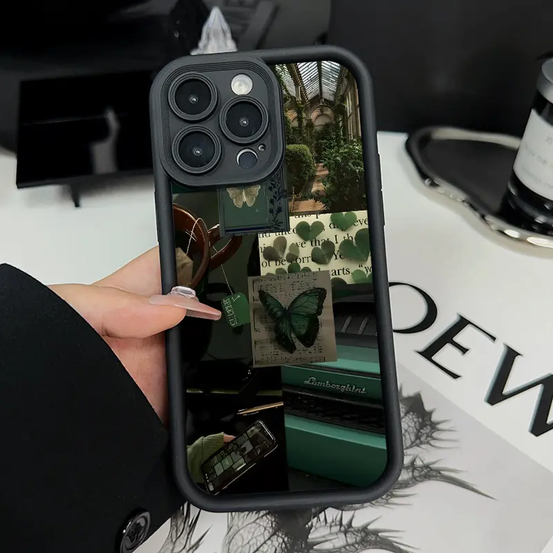 Forest Green Collage Butterflies Smartphone Casing, Shockproof Slim Silicone Cover with Full Camera Protector for iPhone 17,16 Pro Max,15 Plus,14,13,12,11,Air,XR,XS - Mobile Phone Accessories