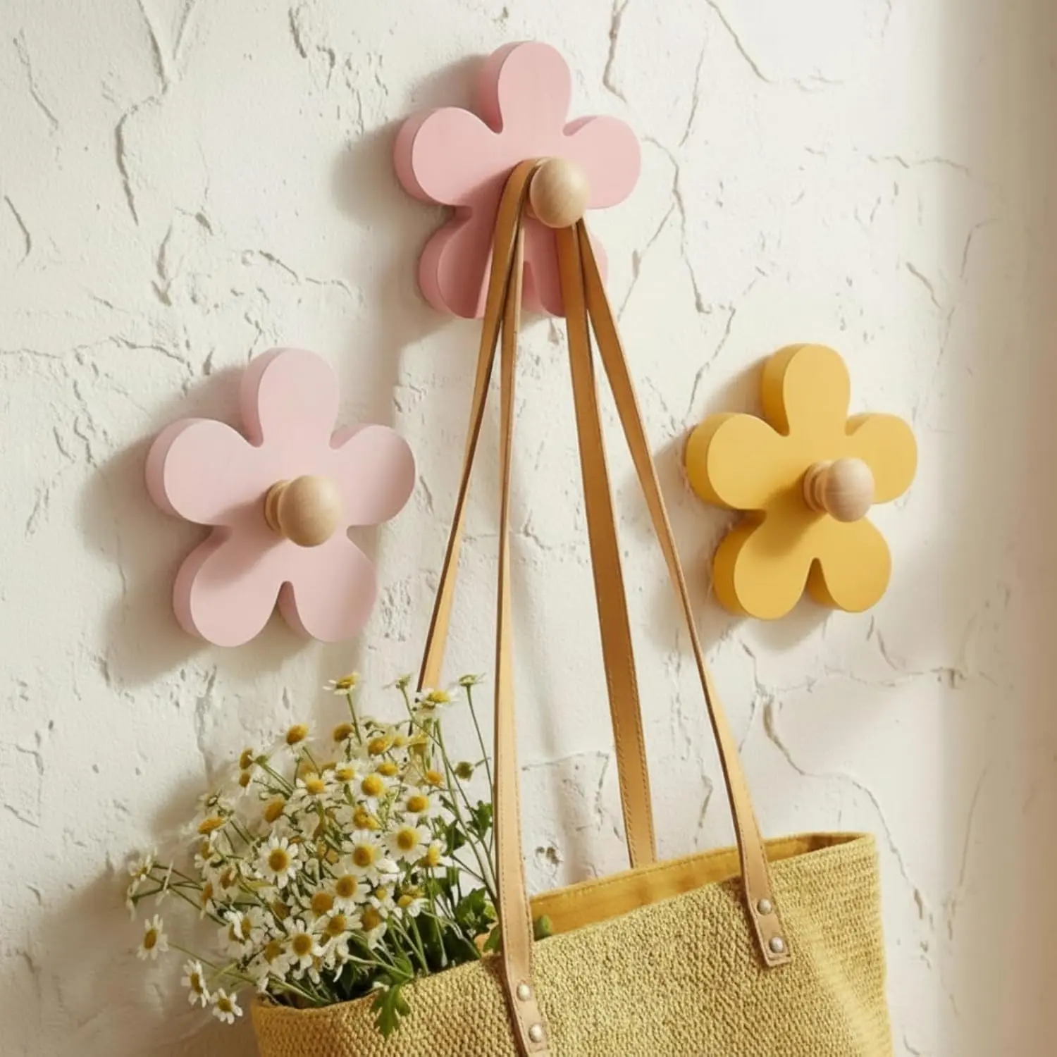 3 Pcs Wood Daisy Flower Wall Hooks - Cute Decorative Wall-Mount Hangers (Yellow, Pink, Purple) for Bathroom, Kitchen Home Decor & Sports Outdoor Leisure Storage of Robe, Towel, Clothes, Hats, Wooden Hooks, Decorative Look, Set Of Three