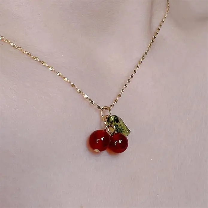 Inner Plane Cute Cherry Pendant Necklace Faux Pearl Cherry Charms Gold Chain Adjustable Fit Kawaii Fruit Choker for Women Girls Perfect Gift Choice