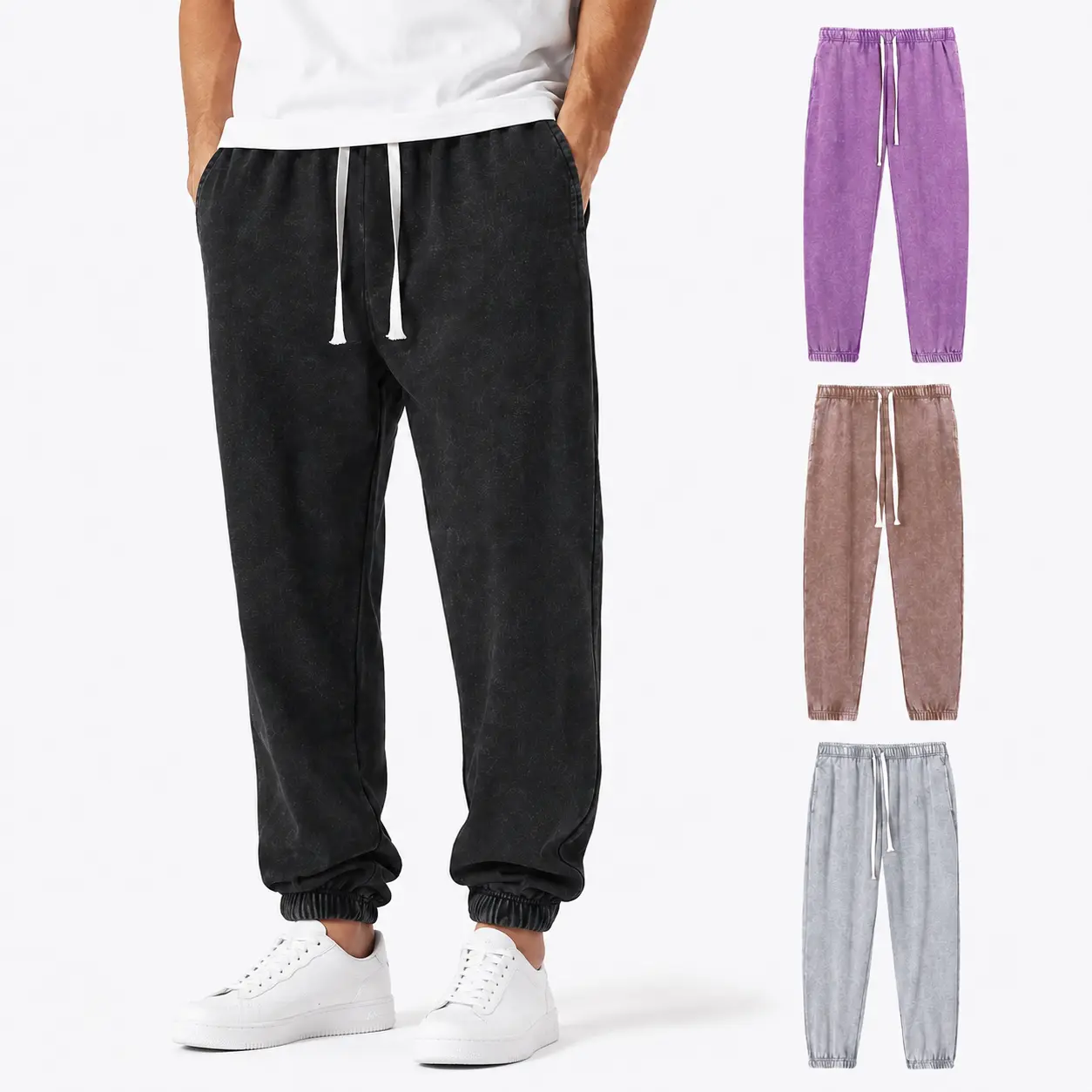 Men’s Vintage Acid Wash French Terry Jogger Sweatpants, Relaxed Fit Drawstring Elastic Waist Pants with Side Pockets and Cuffed Ankles for Streetwear, Lounge, Travel & Daily Wear
