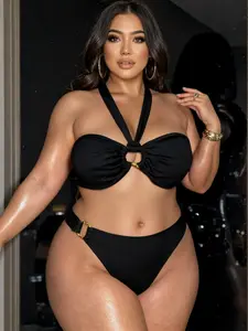 Women's Punk Style Backless Bikini Set, Solid Backless Swimsuit, Sexy Plus Size Swimwear, Thick Fabric, Perfect for Pool Parties & Beach Fun