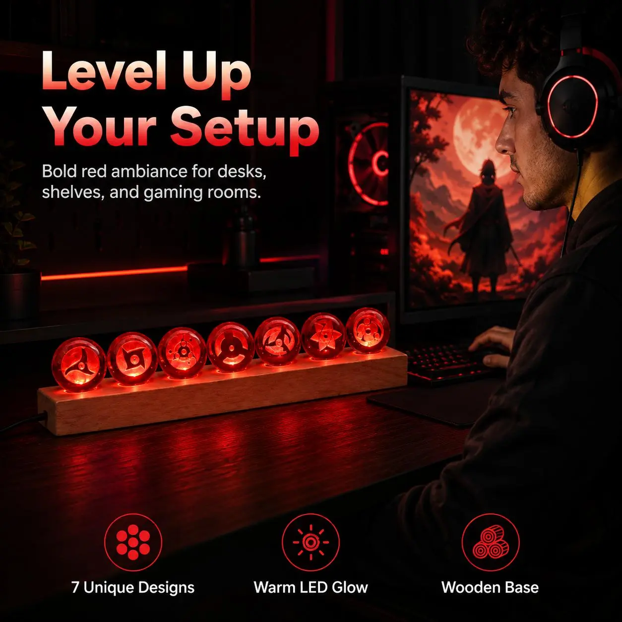 USB-Powered LED Crystal Ball Night Light with Wood Base - Geometric Contemporary Sharingan-Inspired Lamp, Gaming Room Desktop Decor, Perfect Anniversary/Baby Shower Holiday Gift for Anime Fans