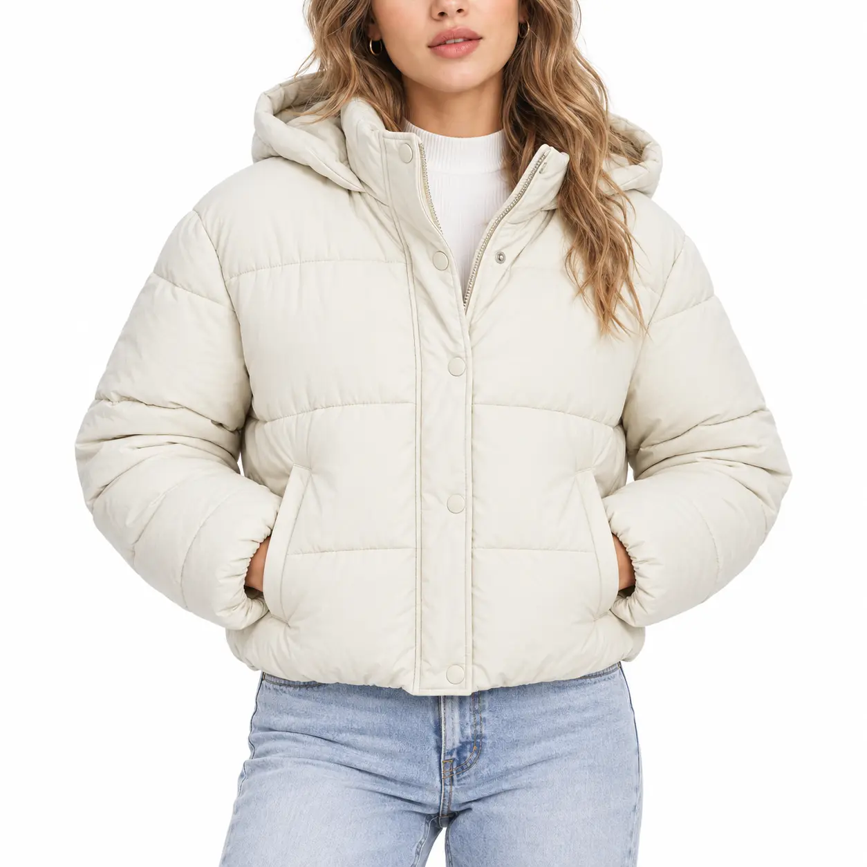 Yimoon Women’s Cropped Puffer Jacket Hooded Quilted Winter Coat, Warm Cotton Padded Zip Up Jacket with Snap Closure, Stand Collar & Side Pockets, Casual Fall Winter Outerwear