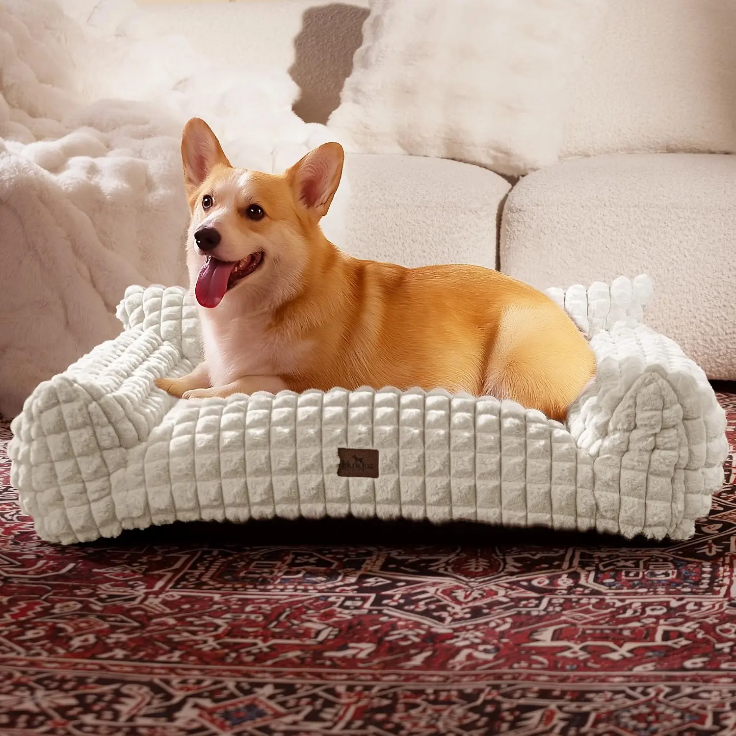 Blunique Modern 3D Diamond Texture Pet Couch Bed - 24in Geometric Furniture-Style Kitten Bed with Faux Rabbit Fur, Sturdy 3-Sided Supportive Cushion, Non-Slip Base, Detachable Machine-Wash Hygienic Cover