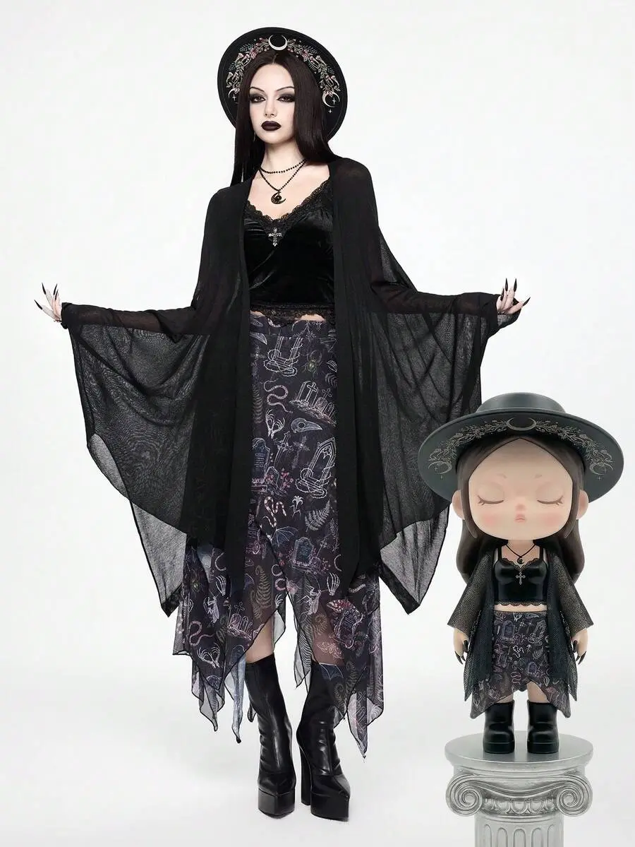 Goth Vintage Dark Batwing Sleeve Asymmetrical Hem Sheer Knit Cardigan - Back to School Outfits, Fall Outfits