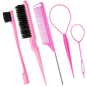 5Pcs Slick Back Brush Set with Topsy Tail Tool, Teasing Bristle, Rat Comb for Women & Girls Hair Styling, Flyaways Control and Edge Combing - Pink springtok