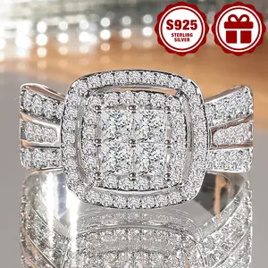 S925 pure silver ladies' engagement ring, fully set with zirconia, halo setting, suitable for daily wear, wedding, as a gift for girlfriend, with gift box included