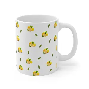 Lemon Citrus Pattern Ceramic Mug — 11oz Lemon & Leaf Coffee Cup