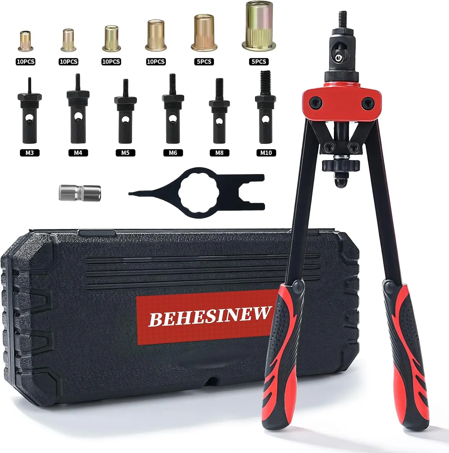 14" Heavy-Duty Quick Change Rivet Nut Tool Kit - Carbon Steel Professional Rivnut Gun with 6 Metric Sizes Mandrels, 125pcs Rivnuts, Auto Repair Hand Riveter Set with Rugged Storage Case for Automotive, Sheet Metal