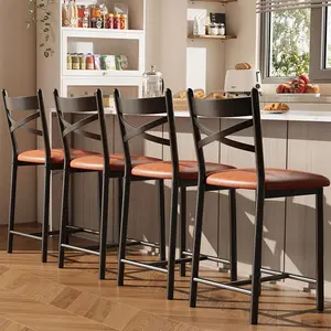 Bar Stools Set of 4, Metal Frame Kitchen Island Bar Chairs with Padded Seat & Backrest, Counter Height Stools for Kitchen, Apartment, Brown