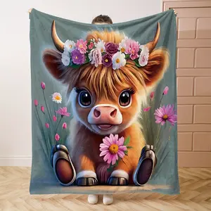 Comfortable Highland Cow and Wreath Print Flannel Blanket - Soft and Warm, Suitable for Sofa, Bed, Office, Camping, Plush Blanket