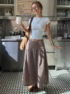 American Vintage Brown Plaid Low Waist Casual Skirt, Street Style Versatile Loose A-Line Long Dress, Holiday Woven for Women, Flowy Cheeky Skirts, Fashion, Elegant, Formal, Comfort, Wear, Outfit, Essential