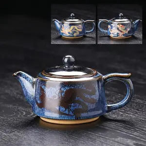 Ceramic Teapot Small Household Gongfu Tea Set Colour Changing Dragon Design Blue Glaze